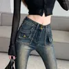 Jeans feminino retrô picante menina micro la elástica levantando design de cintura alta com contraste calças de esfrego