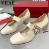 Dress Shoes 2024 Luxury Designer Rhinestone Buckle Mary Janes Women Patent Leather Thick Heel Pumps Ladies Red Party Bridal Wedding