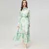 Women's Runway Dresses Turn Down Collar Long Sleeves Printed High Street Fashion Maxi Vestidos with Belt