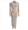 Stage Wear Sparkly Silver Rhinestone Mirror Elastic Fabric Long Dress Women Birthday Play Celebrate Dancer Party Show Bt