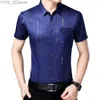 Herrenhemden formelle Kleider Herren kurzärmelig modisch gestreifter Knopf Einmals Revers Ultra-dünner Mens Shirt Top Hochzeit YQ240422