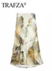 TRAFZA Spring Print Blouse Skirt Sets For Women Tie Dye Long Sleeve Shirts Top Slim Midi Skirts Suit Fashion Streetwear 240422