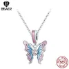 Colliers Bisaer 925 Sterling Silver Pink Rose Butterfly Pendant Collier Eragient EmaLiN plaqué Platinuma AJUSTable Chaîne Femmes Fine Bijoux