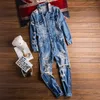 High Street Men Denim Jumpsuit Hip Hop Streetwear Hole Ripped Jeans Overalls Tattered Cargo Pants Fashion Freight Trousers 240409