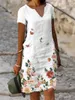 Grundläggande avslappnade klänningar Eleganta kvinnors klänningar 2023 Spring/Summer Flower Print Cotton Hemp Kort ärm Medium Längd V-Neck Dress Lady Robe S-5XL 240419