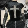 T-shirts pour femmes Dark Goth Cross Sheer Mall Gothic Femmes T-shirts GRUNGE AESTHÉS PUNK SEX SEO Emo Black Top Streetwear Fashion Alternative