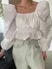 Женские блузки Shpmishal Korean Fashion 2024 Spring Off Plouds Screen Sheam Рубашка Складка Складка пузырьковые рукава высокий тали