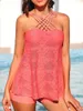 Swimwear féminin 2024 Summer Criss-Cross Hollow Out Tankini Set Pink Sweet Femme High Washle Sexy Lace Solid Beachwear Bathing Fulging