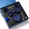 Fashion Brand Many Color Tie Hanky Pocket Squares Cufflink Set Bow Clip Necktie Box Drop Purple Geometric 240412