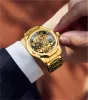 Kits Forsining 199A Luxury Design Skeleton Transparent Golden Stainless Steel Mens Automatic Mechanical Male Watch Limited Hot Sale