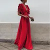 Casual Dresses Bule Women Deep V-ringning Party Evening Dress 2024 I sommar Sexig ruffle Short Sleeve Solid Elegant Formal Long