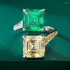 Cluster anneaux S925 ouverture de bague en argent femelle 5 carrés 10 diamant vert jaune