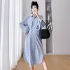 Klänningar Autumn Maternity Cotton Clothes Long Loose Casual Shirts Side Split TurnDown Collar Begimant Woman Striped Dress+Capes