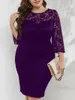 Casual Dresses 6XL 2024 Autumn Women's Dress Fashion Sexy Lace Round Neck Long Sleeve Wrap Hip And Elegant