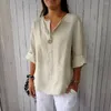 여성용 블라우스 반-슬리브 캐주얼 탑 세련된 v- 넥 버튼 장식 티 셔츠 3/4 슬리브 단색 여름에 맞는 느슨한 느슨한