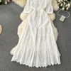 Casual Dresses Summer Long White Dress For Women Chic Floral Lace Deep V-Neck Hollow Ruched Wave Cut Bohemian Cotton In 2024