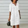 Casual Dresses Female Beach Dress V Neck Half Hides Flower Brodery Pullover Elegant Wear White Color Women Summer Loose Midi