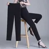 Women's Pants Capris Black White Color High Strecth Spring Summer Pencil Pants Pocket Decoration Elastic Waist Plus Size Three Quarter Casual Pants Y240422