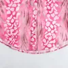 Blusas femininas estampas rosa blusa de cetim Botão fêmea de camisa de grandes dimensões Mulheres de manga longa e para colarinho