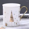 Mugs Nordic Ceramic Light Luxury Xmas Coffee Mug With Lid And Spoon Creative Tea Cup Porcelain Breakfast Milk Christmas Gift