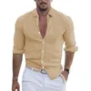Mens de verão de algodão e linho camisa de lapela praia de manga longa de cor sólida para férias havaianas roupas 240419