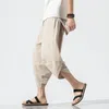 Herrbyxor avslappnad sommar beskuren med elastisk dragkammare midja vertikal randig tryck harem för streetwear