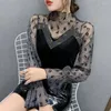 Женские футболки Ts Spring Summer Net Yarn Patchwork Sexy Tops Tees с длинным рукавом с твердым цветом кружев