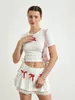 Women's T Shirts Women S Summer 2 Piece Outfits Cute Bow Bandage Cutout Crop Top Shirt Elastic Mini Skirt Set Y2k Streetwear