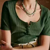 Women's T Shirts Vintage Henley Collar Snap Button Sunken Stripe Slim-Fit Short Sleeve T-shirt
