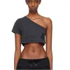 Damen T-Shirts Weird Slanted Kragen eleganter Anzug Stretch 2024 Sommer kurzärmelig geschnittenes Top sexy Nachtclub Y2K