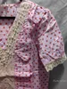Women's Blouses 2024 Spring Summer Polka Dot Shirt For Women Fashion Beaded Lace Stitching V Neck Pink Blouse Short Puff Sleeve Top Blusas