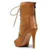 Dance Shoes Woman Brown Flannel Latin Boots Women High Heel Stiletto Bootie Ladies Lace Up Rhinestone Jazz Slim 8.5cm