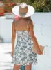 Grundläggande casual klänningar blommor tryck wrap front miniklänning för kvinnor sexiga v-hals cami remmar strand semester a-line klänning 2023 sommar kvinnlig sundress 240419