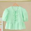 Women's Blouses Summer Cardigan With Strap Design Stylish Plaid Print Ruffle Hem Tops Lace-up Closure Trendy O-neck Puff For