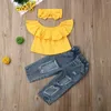 Kleidungssets 2-6 Jahre Fashion Kids Baby Girl von Schultertimen zerrissene Jeans Jeans Denim Pant 3PCS Kleidung