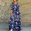 Casual Dresses Women Elegant V-ringning Bind Loose Dress Vintage Mönster tryckt långärmad Autumn Beach Vacation Pullover Vestido