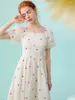 Party Dresses Country Atmosphere Gentle Pearl Decoration Apricot Square Neck Rose Embroidery Bubble Sleeve Mid Length A-line Dress