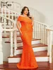 Robes de taille plus missord orange paille-bal robe de bal élégante Femmes une épaule sans manches volants bodycon