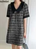 Casual Dresses Vonda Bohemian Elegant Mini Dress Women Short Sleeve Lapel Plaid Vestidos 2024 Summer Robe Office Streetwear Sundress