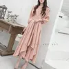 Casual Dresses 2024 Autumn High Waist Bandage Slim Dress Women's Pink V-neck Patchwork Bubble Sleeves Gentle Simple Ruffles A-line