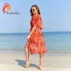 Andzhelika Longueur d'impression florale Kimono Bikini Cover up for Women Courte en dentelle à manches longues Robe tunique de plage de vacances 2023 Été 240416