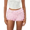 Dames shorts Summer gegolfd frilly solide kleur meerlagige mesh mesh korte broek zoete schattige bloeiers
