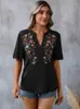 Bluzki damskie 2024 Haftowe Kobiety Koszule Summer Elegancki vintage w Vintage Vink Neck Floral krótkie rękawa Casual Work Tops