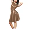 Party Dresses French Shiny PVC Leather Ruffles Doll Collar Vintage Dress Sweet Girl Short Sleeve Knee-Length A-line Elegant