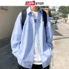 シャツLappster Men Korean Fashions Leng Sleeve Shirts 2023 Spring Mens Striped Blue Vintage Shats Male Cotton Button Up Blouse 5xl