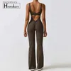 Women's Tracksuits Womens all-in-one sportswear pleated V-back soaked bell bottoms fitness jumpsuit sportswear yoga yq240422