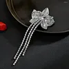 Brooches Shining Luxury Crystal Blue Flower Brooch Pin For Women Temperament Long Tassels Retro Female Wedding Banquet Jewelry