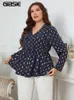 Gibsie plus size guld prick tryck v hals peplum topp blus kvinnor vår hösten casual långärmad kvinnlig kontor elastisk blusar 240419