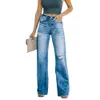 Outono casual 2024 perna larga na cintura média lavada e perfurada calças jeans femininas