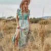 Sıradan Elbiseler Sonbahar Elbise Retro Moda Küçük Floral Fener Uzun Kollu Düğme Yüksek Bel Yeşil